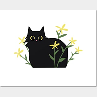 Black Kitty in Yellow Flowers Posters and Art